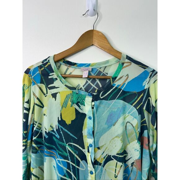 LOGO Layers by Lori Goldstein Women’s Top 1X Abstract Print Sheer Button‎ Front - Picture 2 of 11